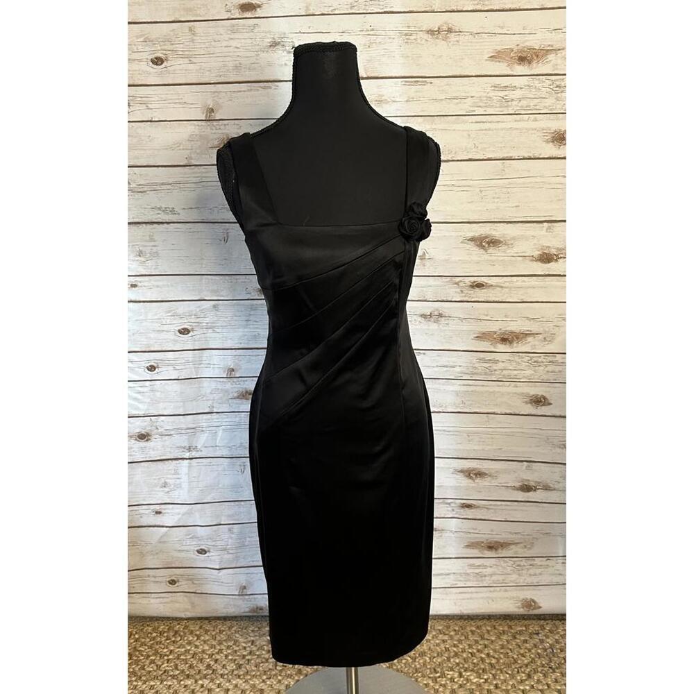 Calvin Klein classic black satin rosette sheath cocktail party dress Size 6